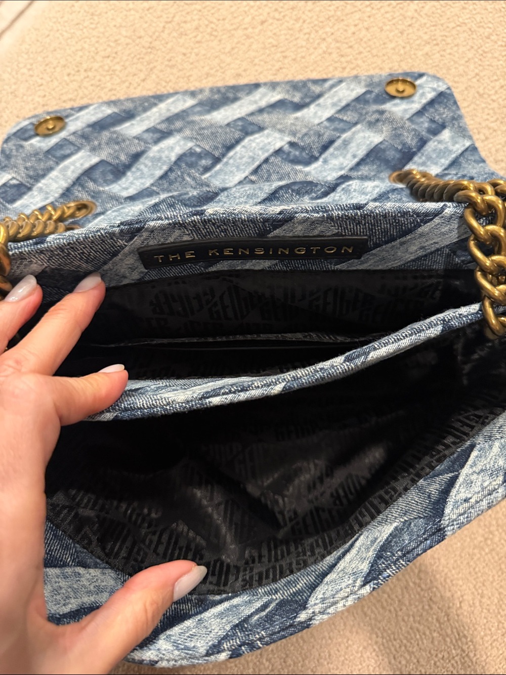 Kurt Geiger Blue Woven Denim Shoulder Bag with Gold Chain - Picture 3 of 5